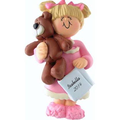 Girl with Teddy: Blonde Hair Personalized Christmas Ornament