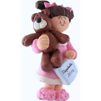 Girl with Teddy: Brunette hair Personalized Christmas Ornament