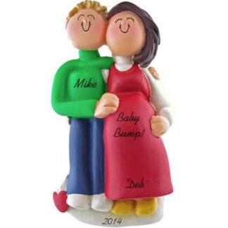 Pregnant Couple: Male Blonde Hair, Female Brunette Hair Personalized Christmas Ornament