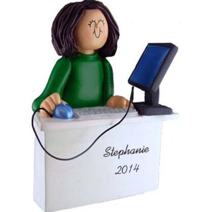 Computer: Female, Brunette Hair Personalized Christmas Ornament