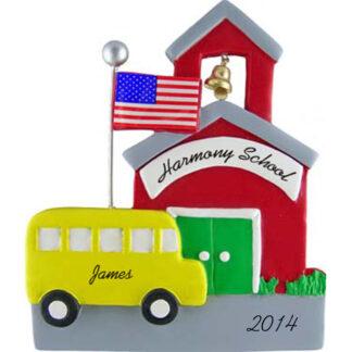 Schoolhouse with School Bus Personalized Christmas Ornament