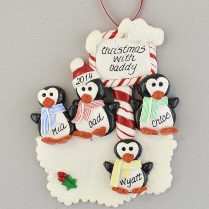 Single Penguin Daddy and 3 Children Personalized Christmas Ornaments