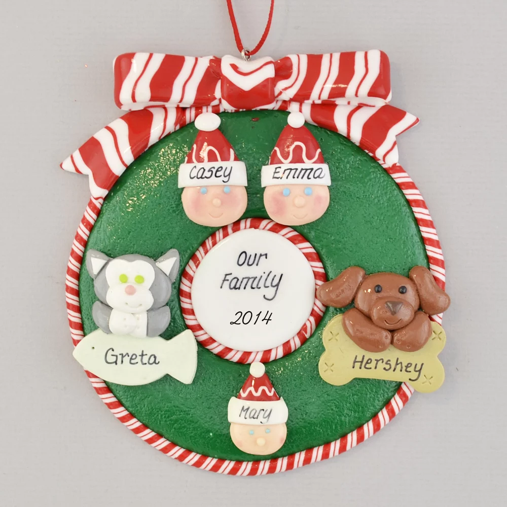 Wreath for Family of 3 with 2 Pets Personalized christmas Ornament