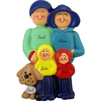 Family and Dog: 4 People Personalized Christmas Ornaments