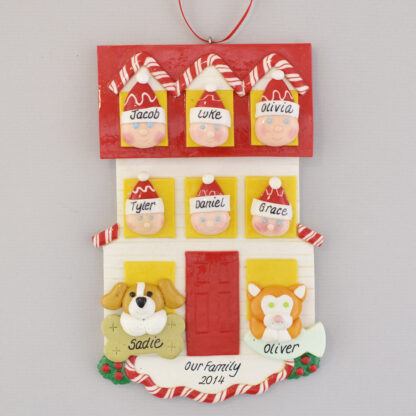 Personalized christmas Ornament house for Family of Six with Two Pets