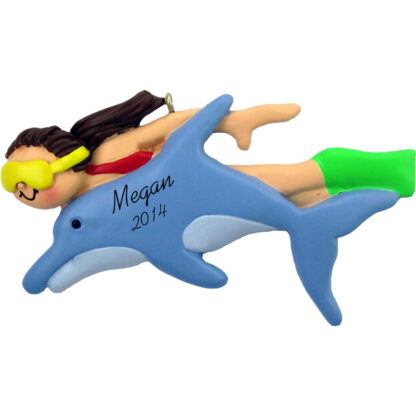Swim with Dolphins: Female Brunette Personalized christmas Ornament