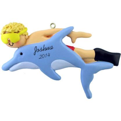 Swim with Dolphins: Male Blonde Personalized christmas Ornament