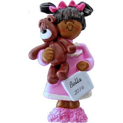 Girl with Teddy Bear: Ethnic Personalized christmas Ornament