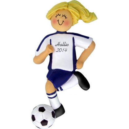 Soccer Dribbling Blue Uniform Blonde Female Personalized christmas Ornament