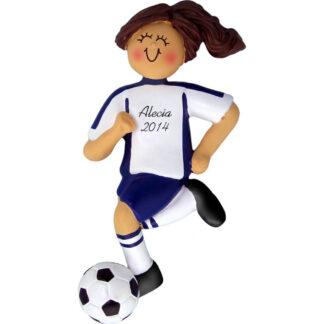 Soccer Dribbling Brunette Female in Blue Uniform Personalized christmas Ornament