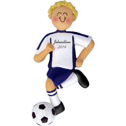 Soccer Dribbling Blonde Male in Blue Uniform Personalized christmas Ornament