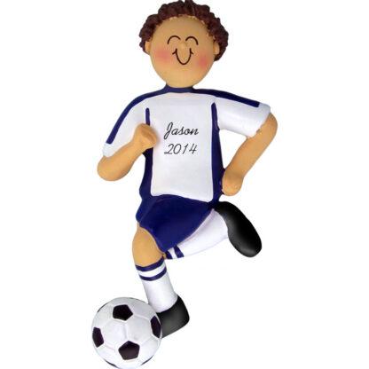 Soccer Dribbling Brunette Boy in Blue Uniform Personalized christmas Ornament