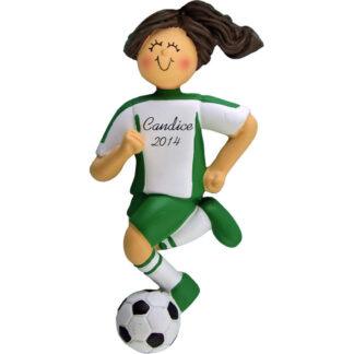 Soccer Dribbling Brunette Girl in Green Uniform Personalized christmas Ornament