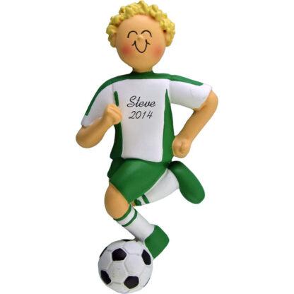 Soccer Dribbling Blonde Boy in Green Uniform Personalized christmas Ornament