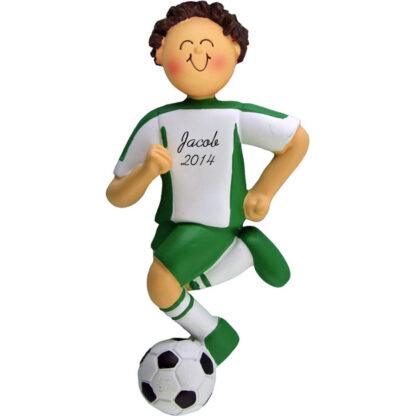 Soccer Dribbling Brunette Boy in Green Uniform Personalized christmas Ornament