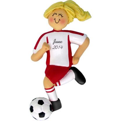 Soccer Dribbling Blonde Female in Red Uniform Personalized christmas Ornament