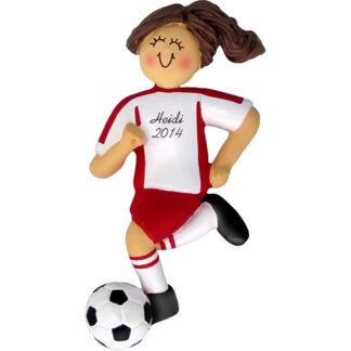 Soccer Dribbling Brunette Female in Red Uniform Personalized christmas Ornament