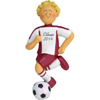 soccer dribbling boy in red uniform with blonde hair personalized christmas ornament