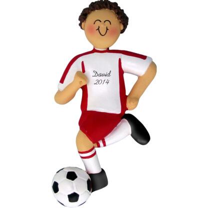 Soccer Dribbling Brunette Male in Red Uniform Personalized christmas Ornament