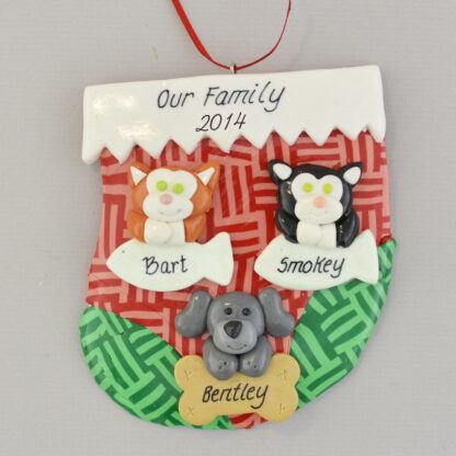 holiday stocking with three pets personalized christmas ornament