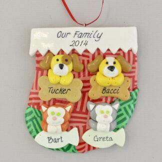 Holiday stocking with four pets personalized christmas ornament