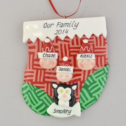 family of three with one pet personalized christmas ornament
