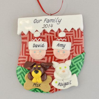 couple in stocking with two pets personalized christmas ornament