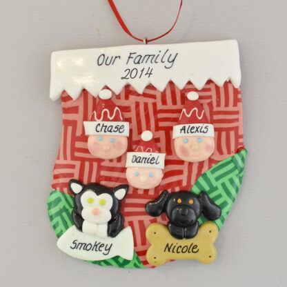 family of three with two pets personalized christmas ornament