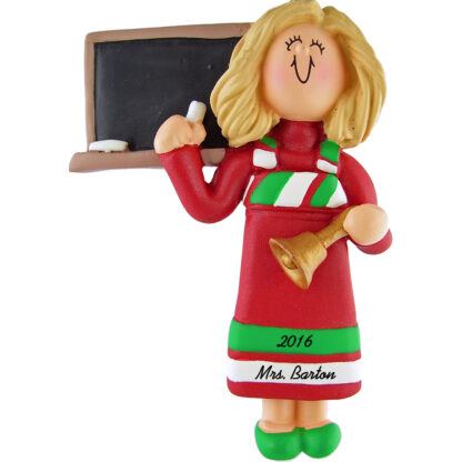 teacher blonde woman red dress personalized christmas ornament