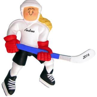 girl ice hockey blonde personalized christmas ornament
