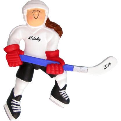 girl ice hockey brunette personalized christmas ornament