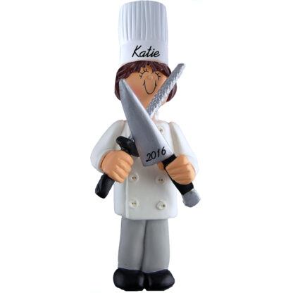 Chef female brunette personalized christmas ornament