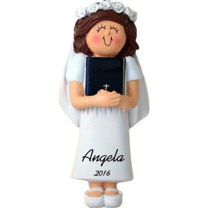 first holy communion girl brunette personalized christmas ornament