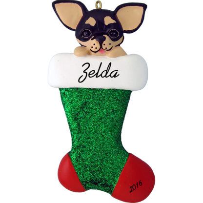 black chihuahua in stocking personalized dog christmas ornament