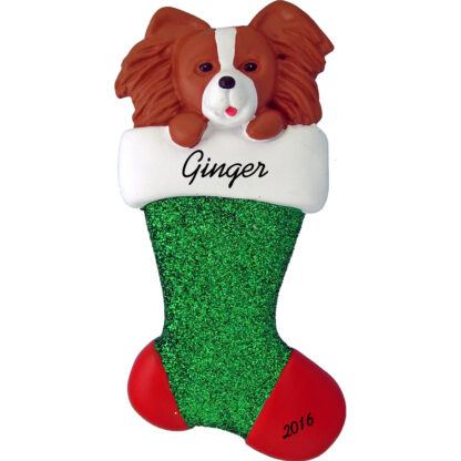 Papillon in stocking personalized pet christmas ornament