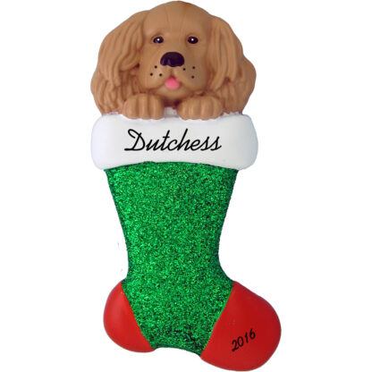 tan spaniel in stocking personalized pet christmas ornament