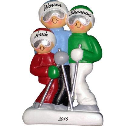 skiing family of three personalized christmas ornament