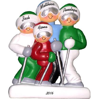 skiing family of 4 personalized christmas ornament