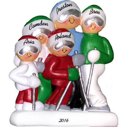skiing family of five personalized christmas ornament