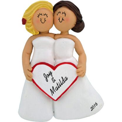 same sex wedding female blonde and brunette personalized christmas ornament