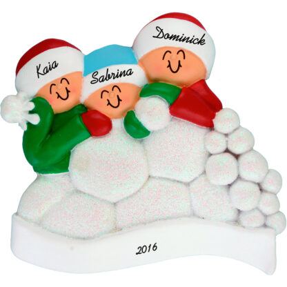 snowball fight for 3 people personalized christmas ornament