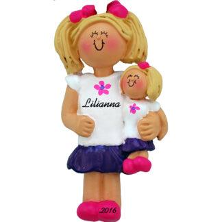 girl with doll blonde personalized christmas ornament