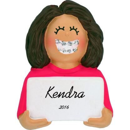 girl with braces ornament brunette personalized christmas ornament