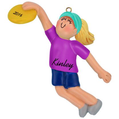 frisbee girl blonde personalized christmas ornament