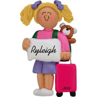 girl with suitcase blonde personalized christmas ornaments