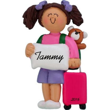 girl with suitcase brunette personalized christmas ornament