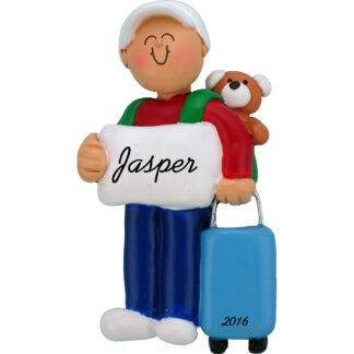 Boy with suitcase personalized christmas ornament