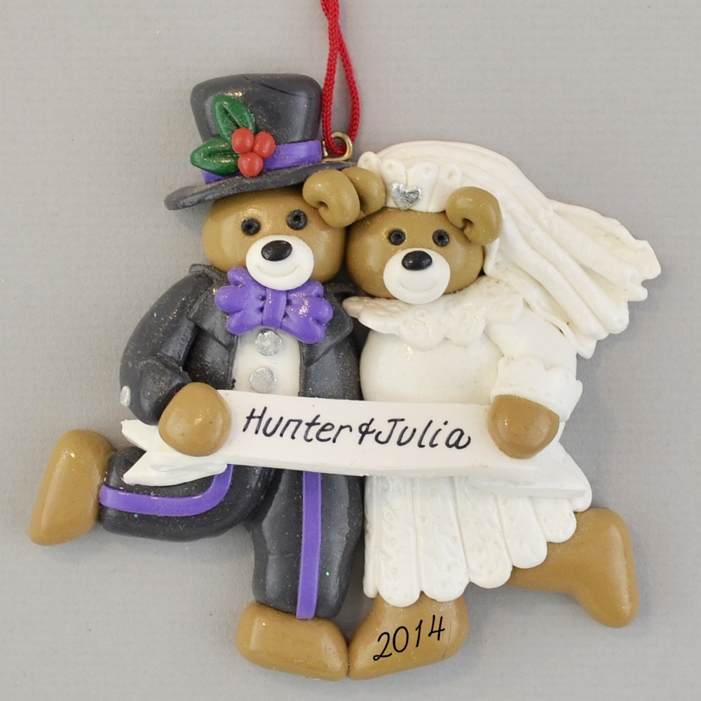 custom clay christmas ornament of two bears getting married in wedding outfits