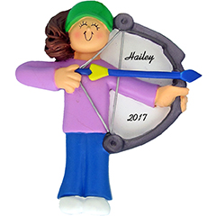 handmade clay Christmas ornament of a brown haired girl smiling and holding an archery bow and arrow 