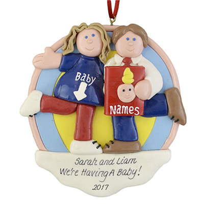 pregnant couple with a baby name book custom ornament 